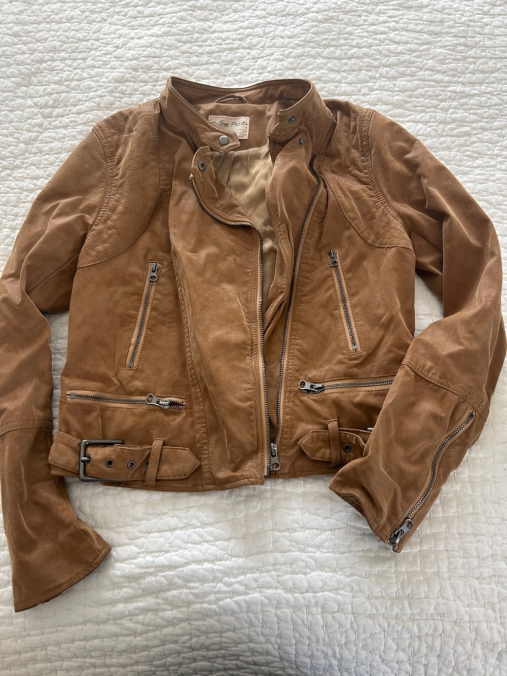 We The Free Tan faux Suede Moto Jacket
